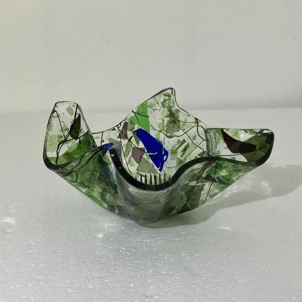 Folded  Hankerchif Clear W/ Blue‎ Green Glass / Votive Holder / With Flower Frog